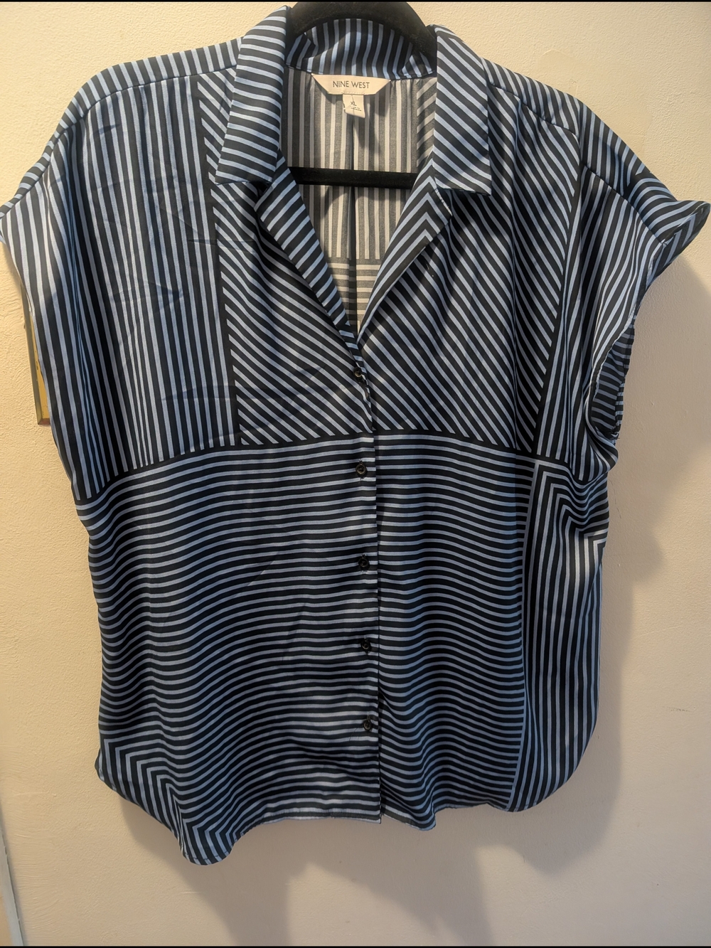 Nine West Black and Blue Striped Button-Front Women's Top